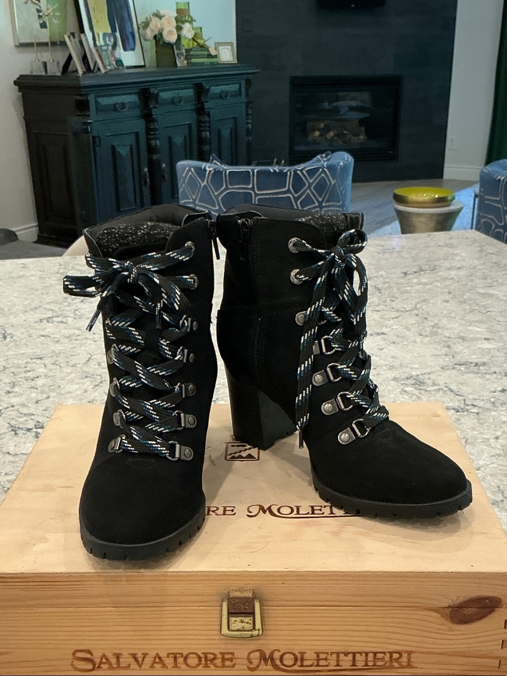 Kelly & Katie Black Suede Lace-Up Block Heel Ankle Boots